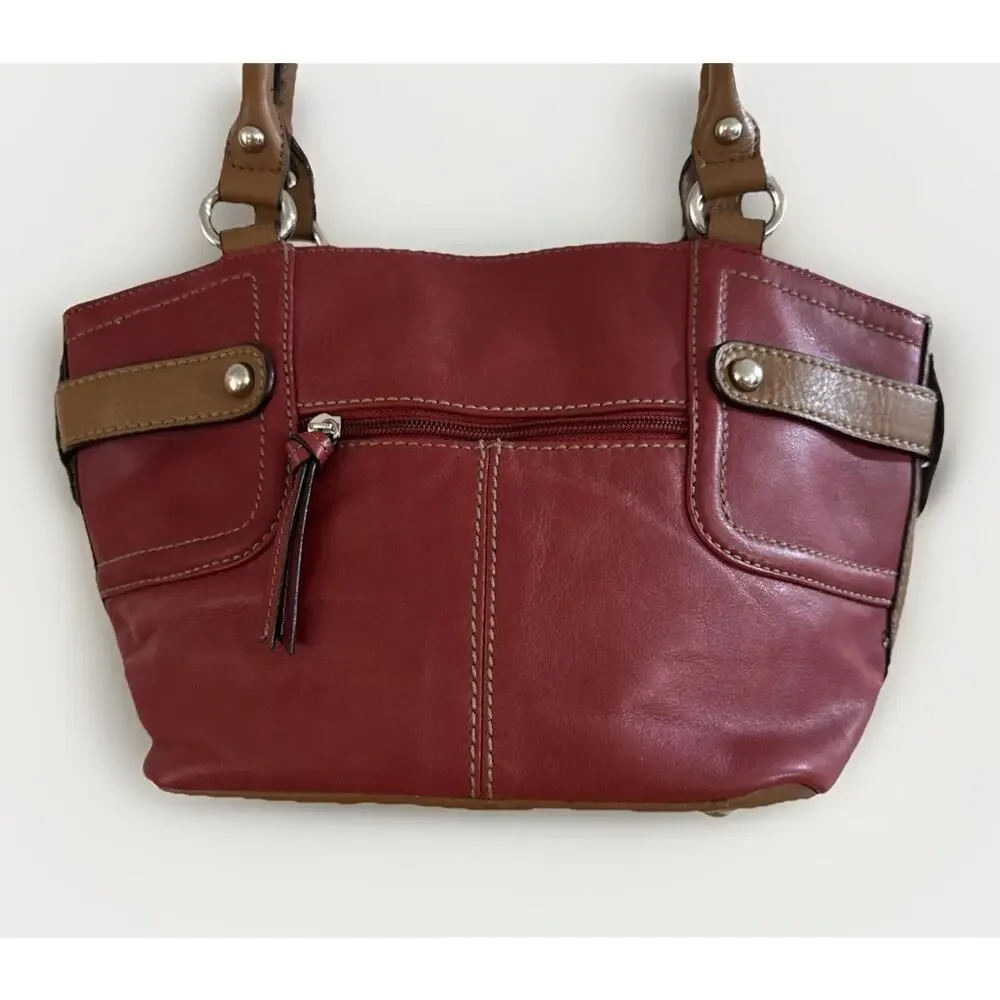 Tignanello Red Leather Hobo Bag Vintage Ruched Shoulder Purse Handbag Brown Trim